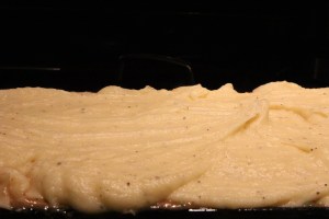 Mashed potatoes covering the thick beef stew