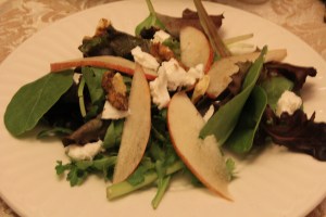 Pear, Walnut, and Goat Cheese Salad with a raspberry vinaigrette 