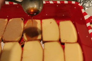 Spoon strong brewed coffee over the pound cake. It's ok if it's not all completely saturated. 