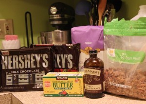 Ingredients: Sugar, Unsalted Butter, Vanilla, Pecans, and thin chocolate bars like Hershey's. 