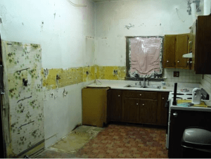 Demo has begun! the wall of cabinets, backsplash, and dishwasher on the left had already been removed, leaving behind layers of beautiful wall paper over plaster walls.