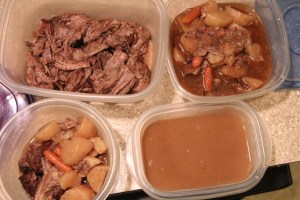 clockwise: The leftover meat that I'll use for another meal, leftover vegetables and sauce that I'll turn into vegetable beef soup, leftover gravy, and lunch for my husband to take to work.